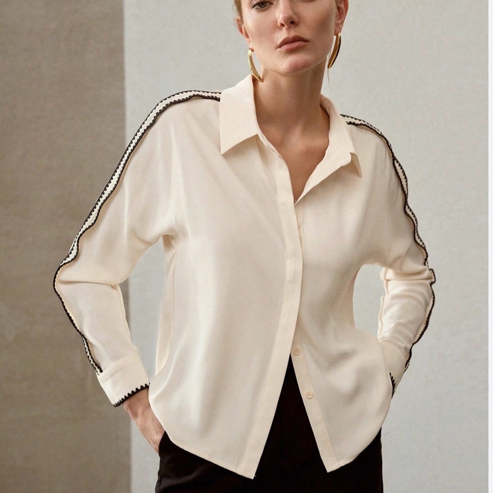 MOTF Cream Button-Down Blouse with Black Trim New